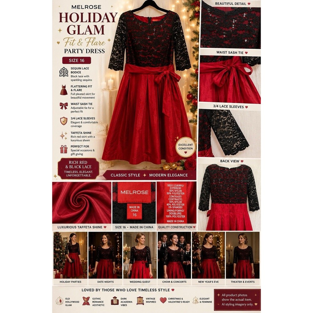 EUC Melrose Ruby Red Black Lace Fit & Flare Party Dress 16 Old Hollywood Glam